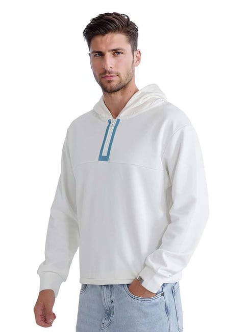 RARE RABBIT Cozy Cloud White Hoodie with Aqua Accent