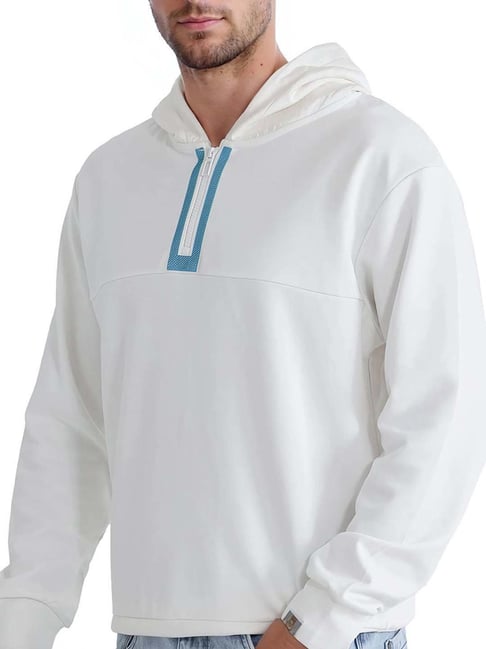 RARE RABBIT Cozy Cloud White Hoodie with Aqua Accent