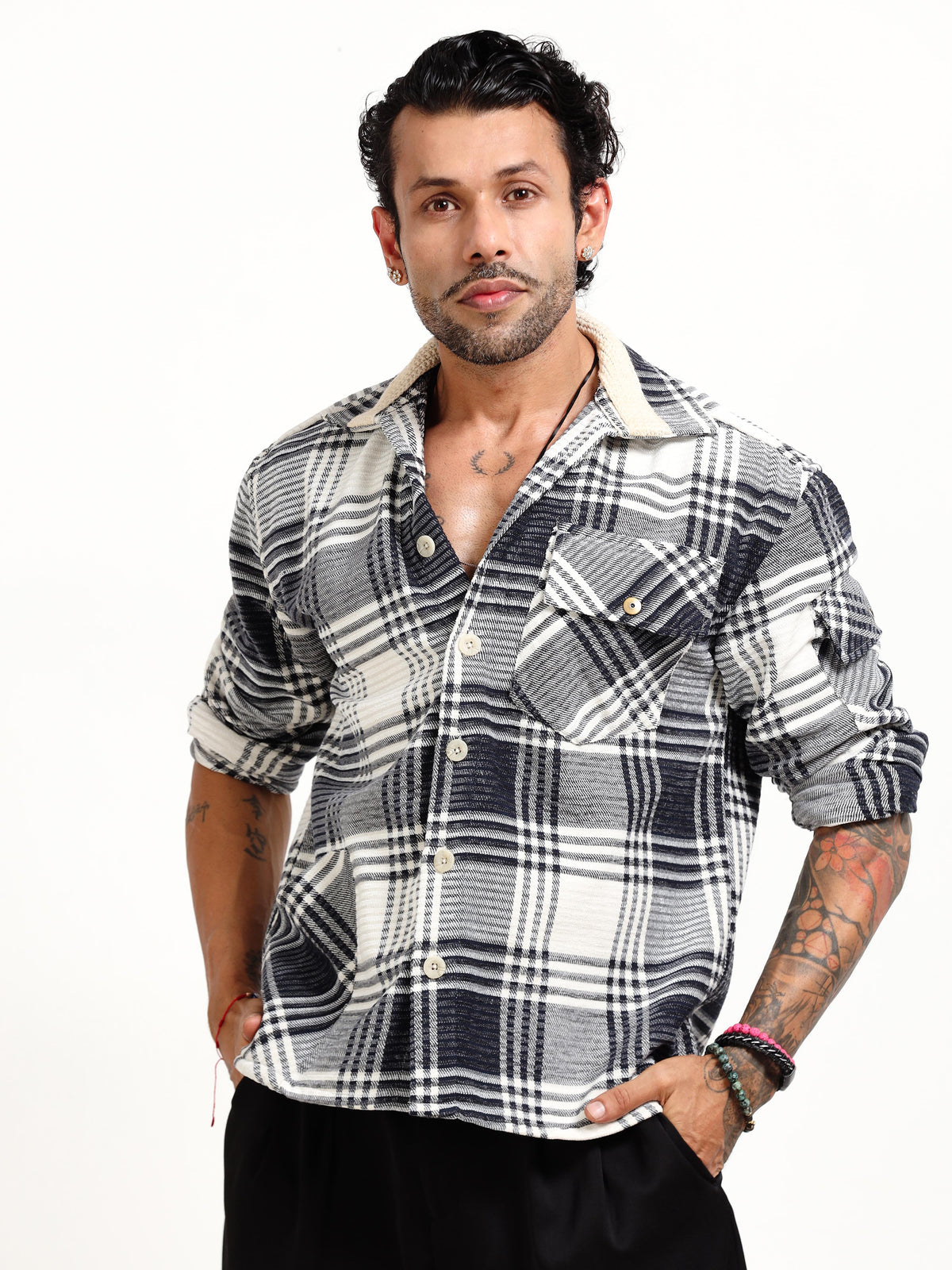 Italian Colony Chic Urban Plaid Flannel Shacket in Monochrome Harmony