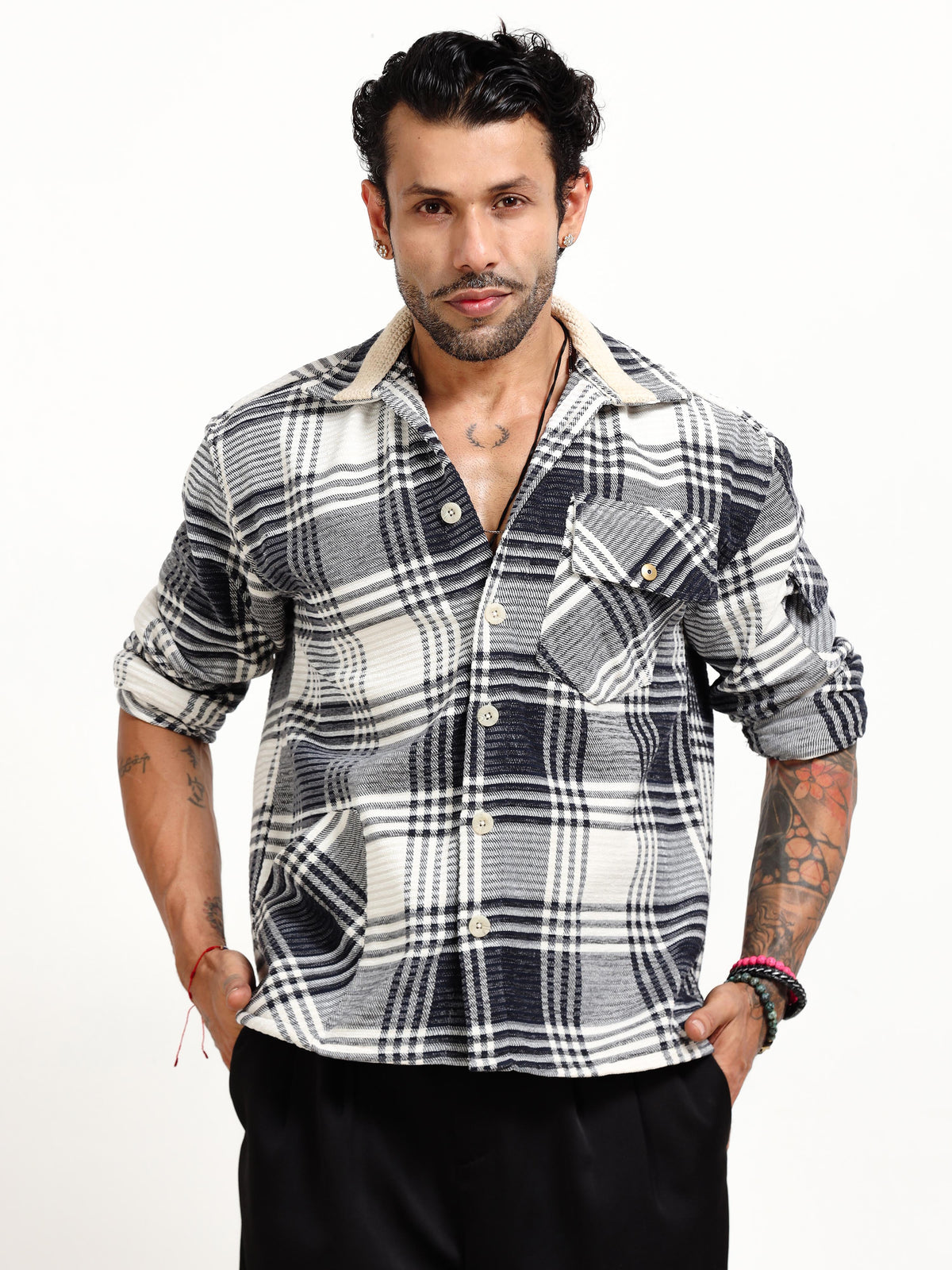 Italian Colony Chic Urban Plaid Flannel Shacket in Monochrome Harmony