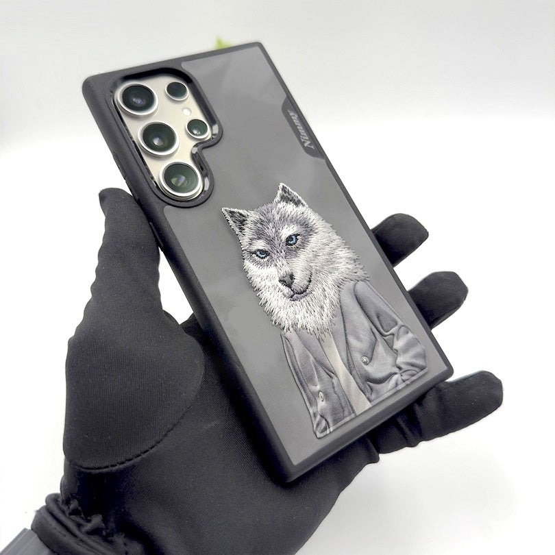 Samsung Galaxy S24 Ultra Nimmy Embroidery Leather Back Cover Case - Wolf Jacket