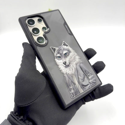 Samsung Galaxy S24 Ultra Nimmy Embroidery Leather Back Cover Case - Wolf Jacket