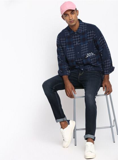 Lee Cozy Plaid Patchwork Shirt Jacket in Midnight Blue