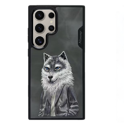 Samsung Galaxy S24 Ultra Nimmy Embroidery Leather Back Cover Case - Wolf Jacket