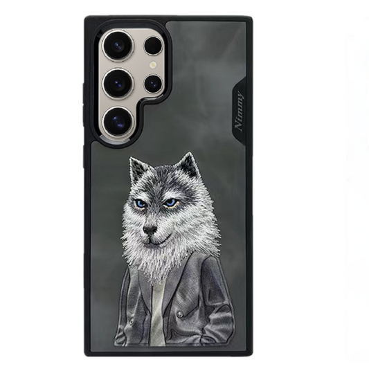 Samsung Galaxy S24 Ultra Nimmy Embroidery Leather Back Cover Case - Wolf Jacket