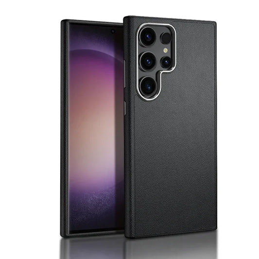 Samsung Galaxy S24 Ultra Slim Leather Shockproof Protection Case with Metar Camera Protection-Black