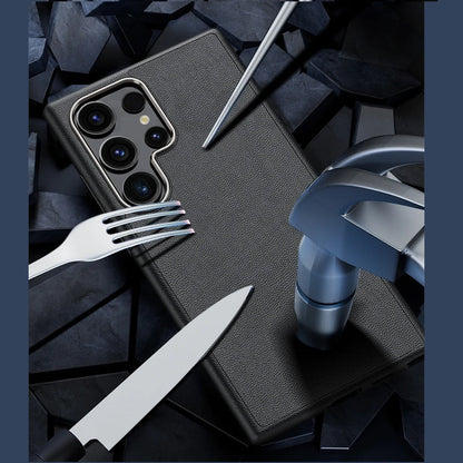 Samsung Galaxy S24 Ultra Slim Leather Shockproof Protection Case with Metar Camera Protection - Gray