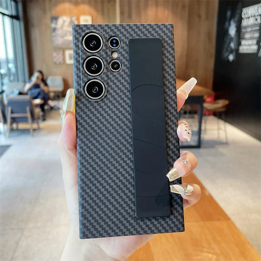 Samsung Galaxy S24 Ultra Carbon Fiber Texture Hard Shell PC Case with Elastic Wrist Strap