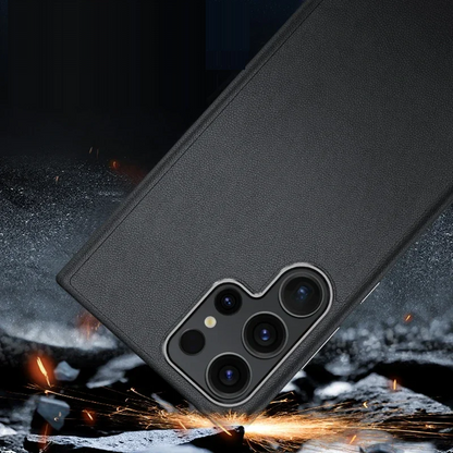 Samsung Galaxy S24 Ultra Slim Leather Shockproof Protection Case with Metar Camera Protection-Black