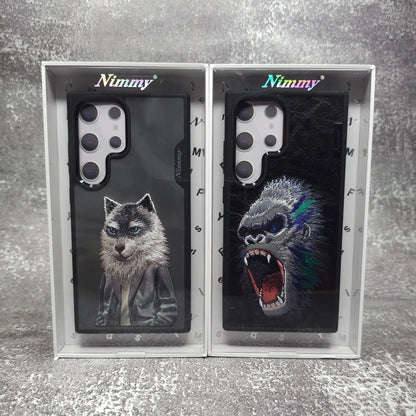Samsung Galaxy S24 Ultra Nimmy Embroidery Leather Back Cover Case - Wolf Jacket